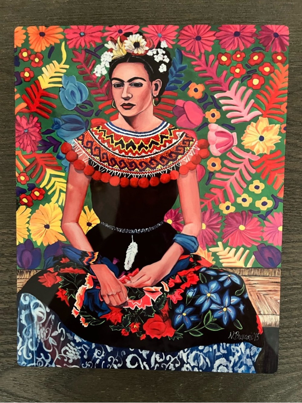 Frida Kahlo-Inspired Floral Portrait Wall Art-Vibrant High Gloss Metal Print